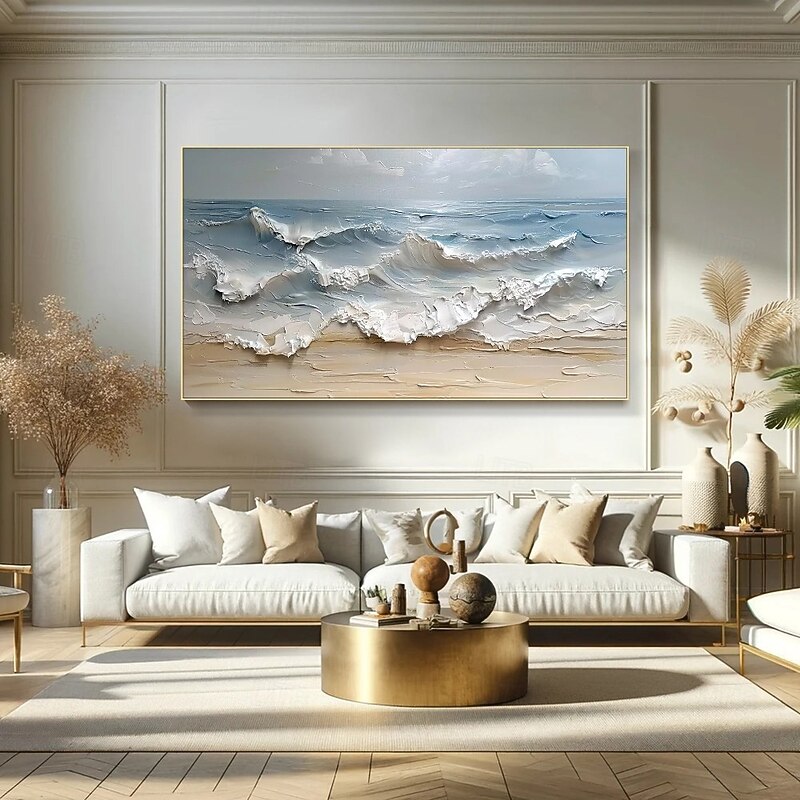 Original White Ocean Oil Painting Wave Art Beach Abstract Painting White Wall Art Brown 3D Texture Painting Brown Beach Wall Art Modern Pastel Room Decor