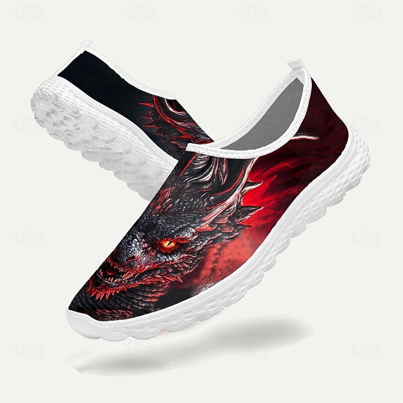 Men's Slip-On Sneakers with Red Dragon Print – Lightweight and Breathable Casual Shoes for Walking, Sports and Outdoor Activities4