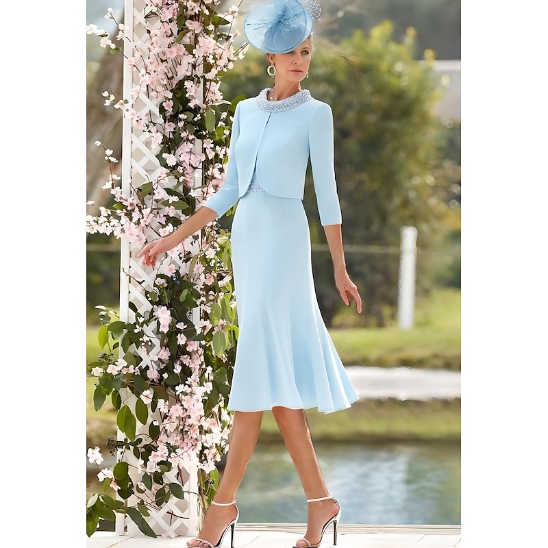 Dress Sets Mother of the Bride Formal Wedding Guest Elegant Vintage Jewel Neck Tea Length Stretch Fabric 3/4 Length Sleeve with Lace Pearls Race Day Dress2