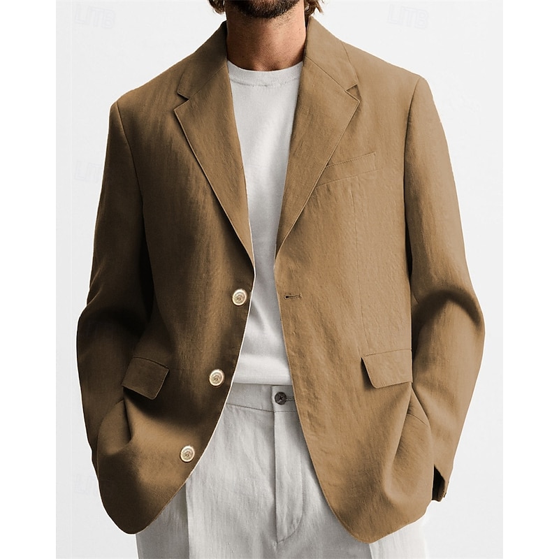 Men's Graduation Blazer Business Cocktail Party Wedding Party Fashion Casual Spring Autumn / Fall Linen Solid Color Pocket Buttons Comfortable Single Breasted Blazer Black Brown khaki Army Green4