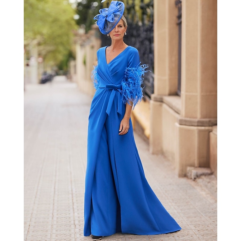 Jumpsuit Mother of the Bride  Elegant Vintage V Neck Floor Length Stretch Chiffon Half Sleeve with Feather Sequin Appliques