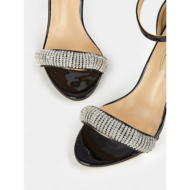Black Patent Leather High Heel Sandals with Rhinestone Embellishments - Women's Evening Shoes and Wedding4