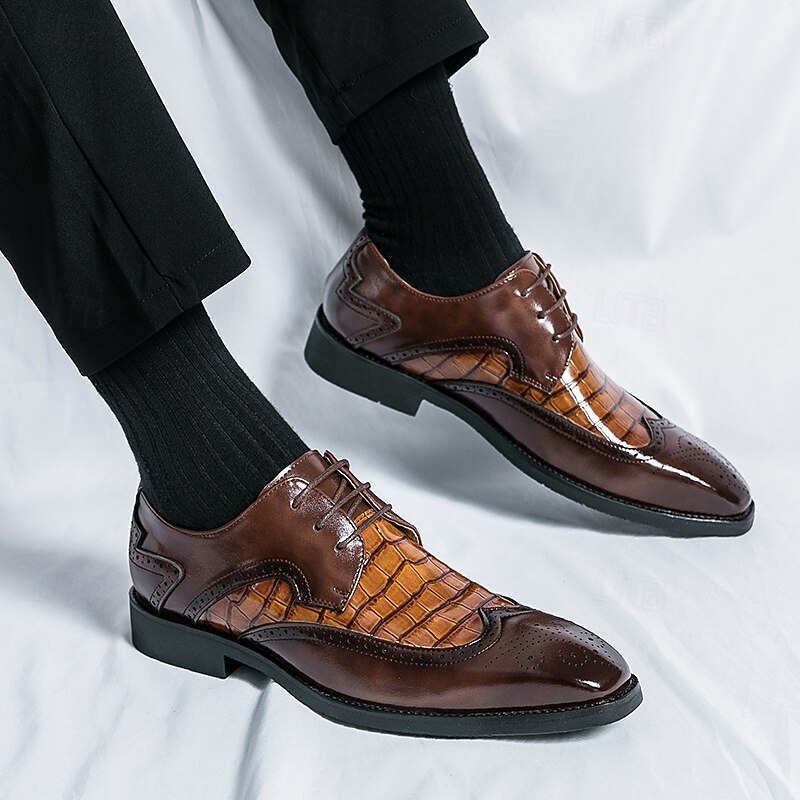 Men's Brown Faux Leather Oxford Shoes with Crocodile Pattern and Brogue Detailing – Elegant Dress Shoes for Formal Events and Office Wear4