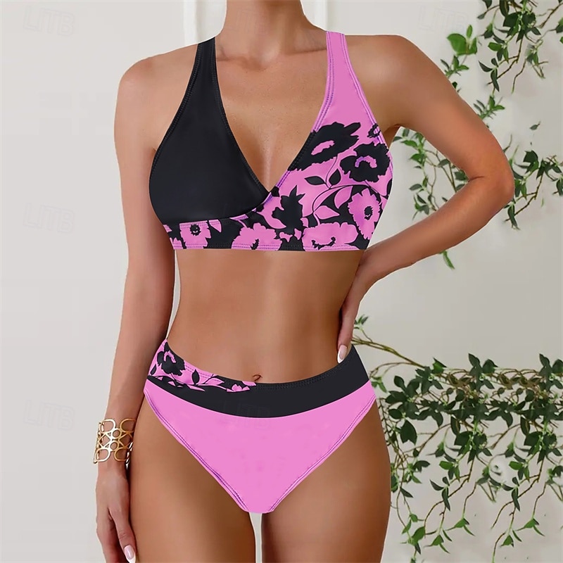 Women's Tankini Two Piece Swimsuit Backless Swimwear Floral Swimwear Yellow Pink Breathable Quick Dry Lightweight Sleeveless - Swimming Surfing Beach Summer Spring2