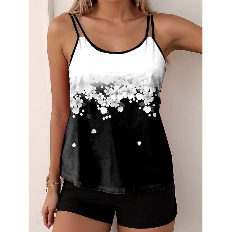 Women's Swimsuits Tankini 2 Piece Boy Leg Swimsuit Backless Vacation Beach Wear Floral U Neck Sleeveless Bathing Suits2