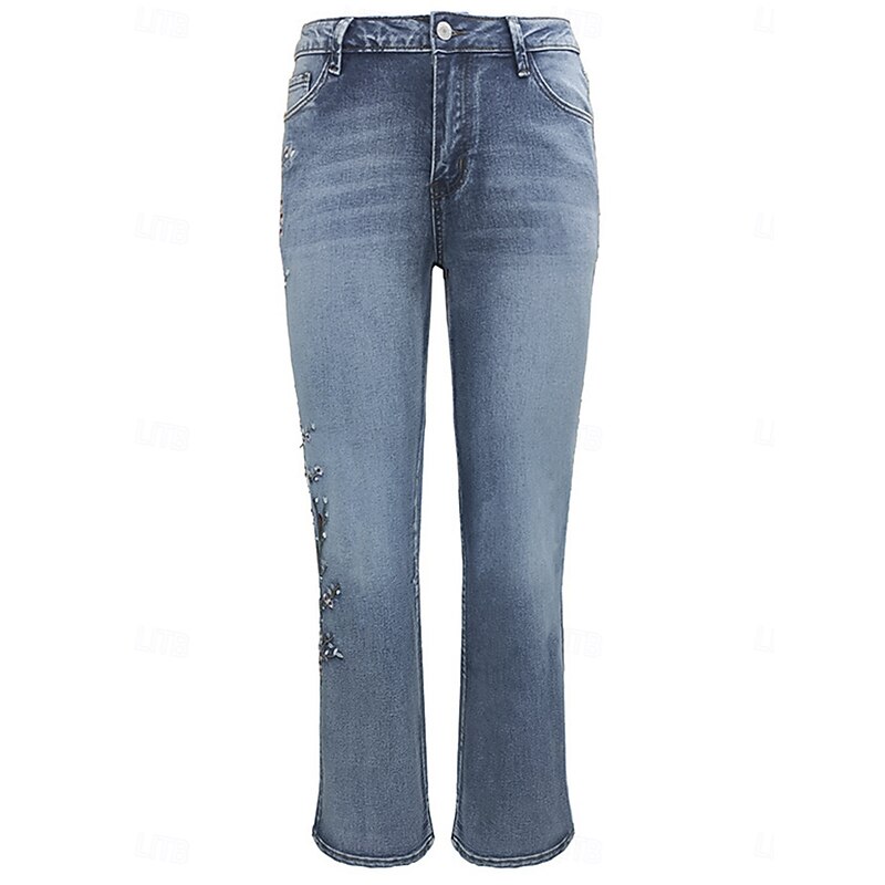 Women's Normal Jeans Stylish Retro Vintage Full Length High Waist Floral Pocket Comfy Breathable Micro-elastic Outdoor Street Blue Spring &  Fall Spring, Fall, Winter, Summer Regular Fit2