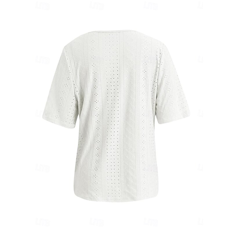 Women's White Elegant Lace Tops Eyelet Blouse Daily Regular Tops Short Sleeve V Neck Buttons Loose Fit Daily Romantic Petite Tops Summer Holiday Wear White Pink Semi Formal Blouses3