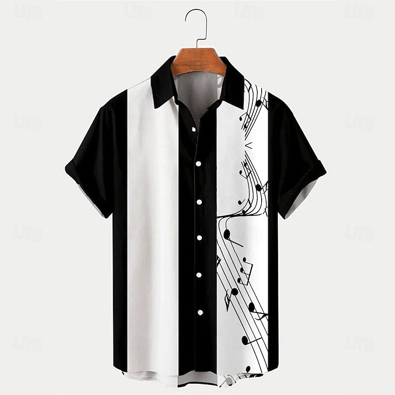Men's Musical Notes Summer Shirt Bowling Shirt Button Up Shirt Short Sleeve Fashion 1950s Casual Daily Summer Turndown Print Black Pink Blue Green