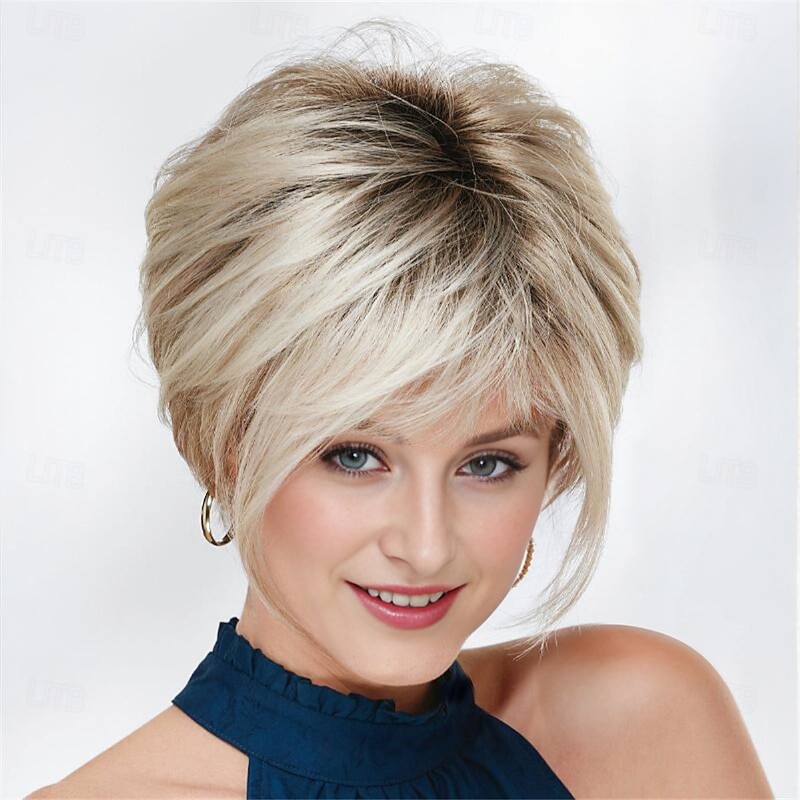 Synthetic Wig Straight With Bangs Machine Made Wig Short A1 Synthetic Hair Women's Soft Fashion Easy to Carry Blonde
