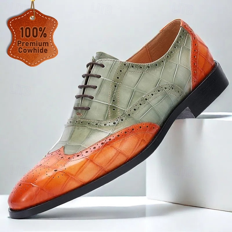 Men's Green and Orange Wingtip Oxford Shoes – Premium Cowhide Leather, Crocodile Embossed Pattern, Brogue Detailing, Elegant Formal Footwear for Weddings and Business Events