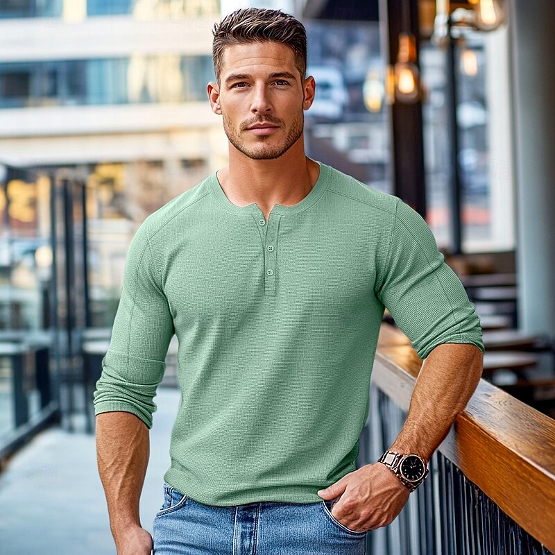 Men's Waffle Henley Shirt Henley Shirt Tee Top Long Sleeve Shirt Long Sleeve Plain Fashion Designer Basic Ruched Pleats Henley Vacation Street Going out Summer Spring White Green khaki Henley T-Shirt2