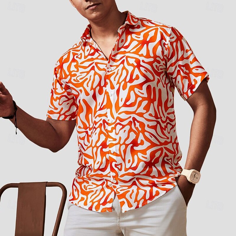 Men's Geometric Pattern Shirt Beach Shirt Short Sleeve Fashion Casual Vacation Streetwear Summer Spring Turndown Button Up Orange2