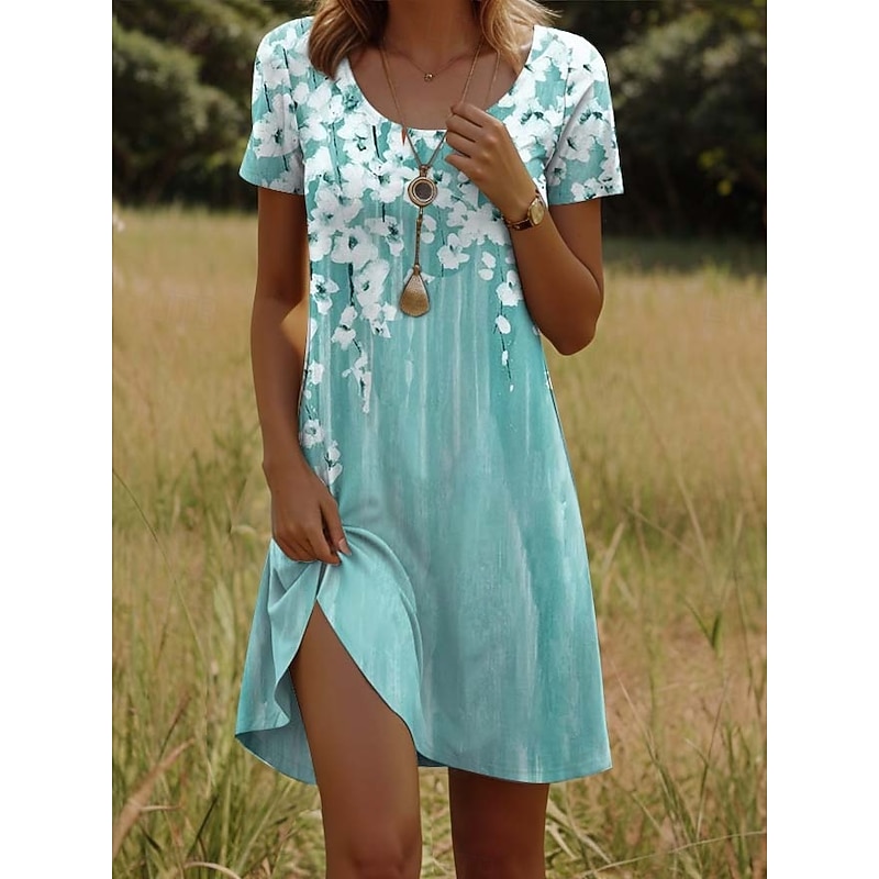Women's Mini Dress Casual Dress Petite Dress T Shirt Dress Tee Dress Sundress Casual Vacation Casual Daily Regular Fit Floral Short Sleeve Crew Neck Pink Green Summer - Main Image