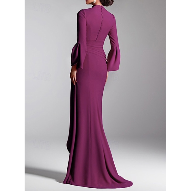 Mermaid / Trumpet Evening Gown Elegant Dress Formal Wedding Guest Sweep / Brush Train Long Sleeve V Neck Stretch Crepe with Pleats Ruched Strappy2