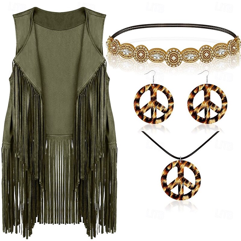 Retro Vintage 1960s 1970s Cosplay Costume Outfits Accesories Set Hippie Fancy Dress Women's Carnival Masquerade Party / Evening Pride Parade Pride Month Adults' Vest Headwear Earring Spring & Summer4