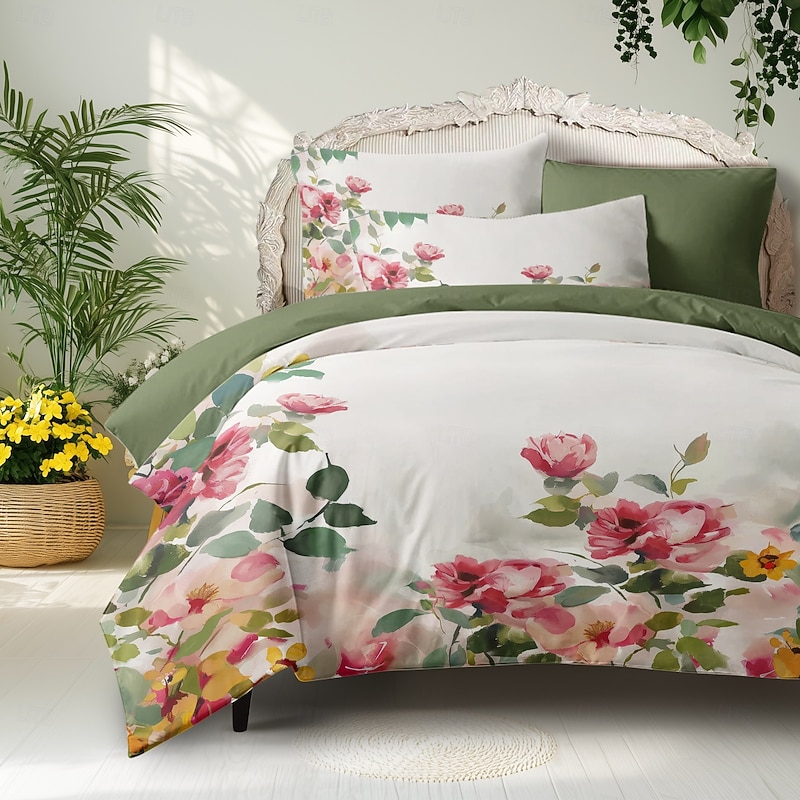 100% Cotton Floral Series Duvet Cover 3-Piece Set Short Fluff for Summer Soft Skin Friendly Comfy Lightweight Queen King Size
