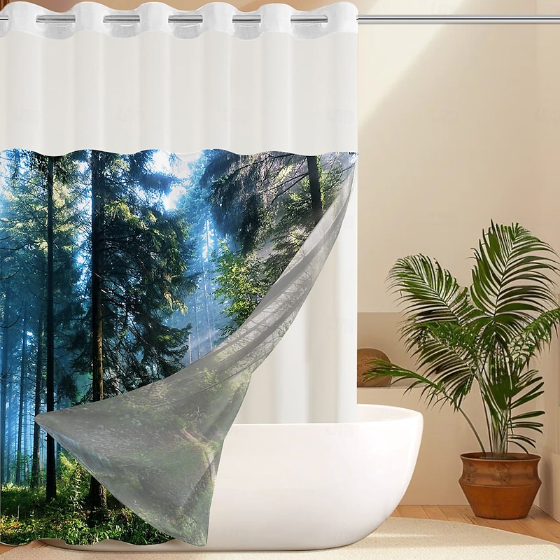 Forest Waffle-Weave Textured Shower Curtain Set with Snap-in Liner and Sheer Window Water-Repellent Polyester, Grommet Top, 120GSM Hotel Quality Spa Style Bathroom Partition No Hooks Required2