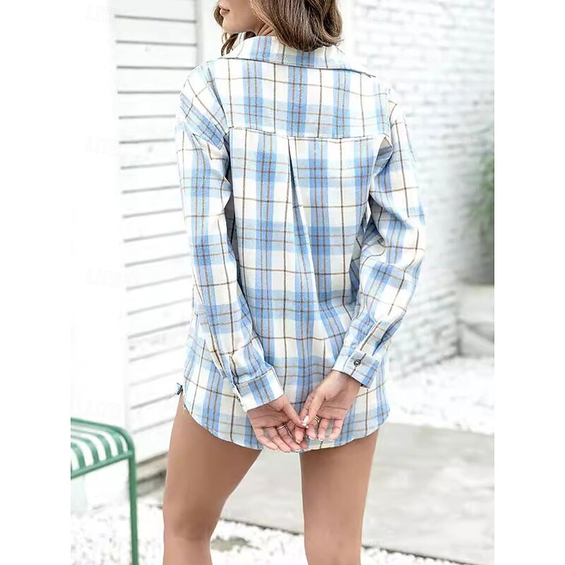 Women's Shirt Plaid Stylish Casual Long Sleeve Shirt Collar Regular Tops Daily Holiday Going out Print Pink Blue Summer Spring Fall4