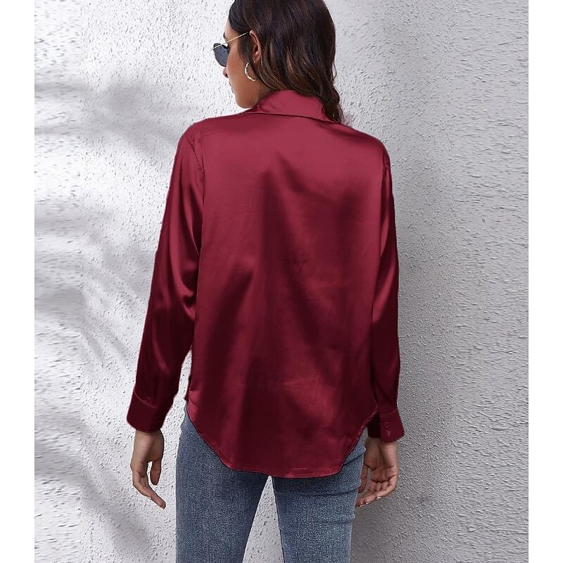 Women's Shirt Elegant Dressy Satin Solid Color Business Modern Casual Long Sleeve Shirt Collar Regular Tops Work Formal Wear Buttons Yellow Pink Wine Blue Green Summer Spring4
