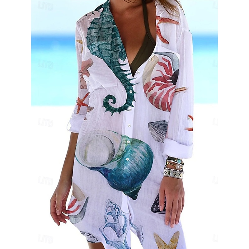 Women's Mini Dress Shirt Dress Cover Up Beach Wear Mini Dress Pocket Print Fashion Casual Fish Turndown 3/4 Length Sleeve Loose Fit Outdoor Daily White Blue 2023 Summer Spring S M L XL
