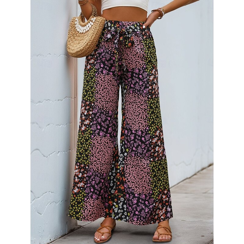Women's Wide Leg Chinos Fashion Streetwear Full Length High Waist Leopard Pocket Elastic Waistband Printing Comfy Soft Comfortable Micro-elastic Outdoor Street Black Summer Spring Regular Fit