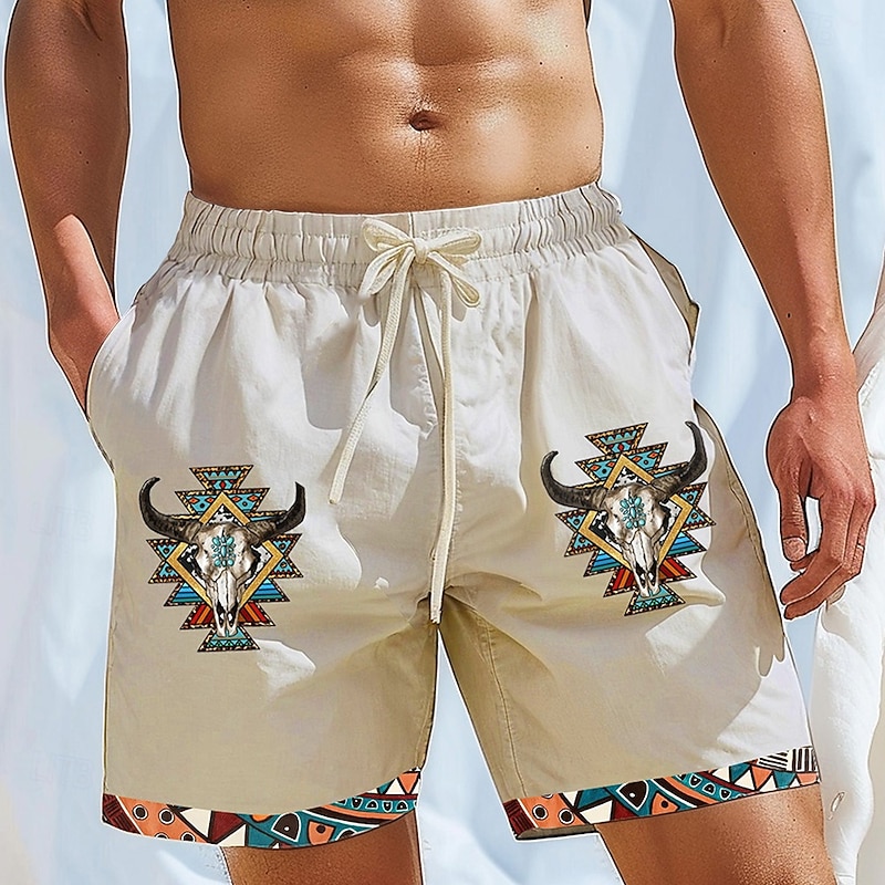 Men's Aztec Ethnic Cotton Linen Shorts Shorts Mid Waist Vintage Retro Vacation Dailywear Holiday Drawstring Pocket Elastic Waist Designer Clothing Apparel