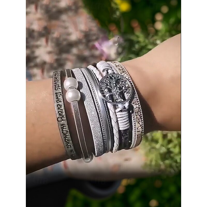 Men's Leather Bracelet with Tree of Life Pendant – Multi-layered Design with Pearls, Adjustable, Stylish for Casual and Boho Style3