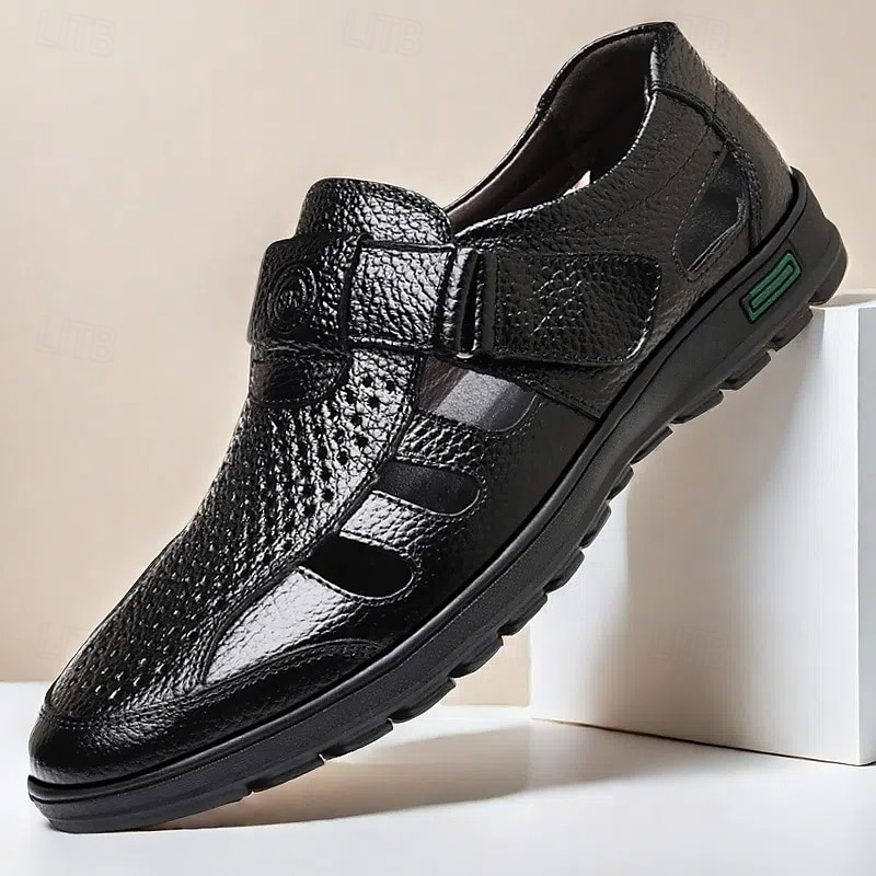 Men's Black Faux Leather Sandals – Breathable Cut-Out Design with Adjustable Strap, Comfortable Summer Shoes for Casual and Outdoor Wear