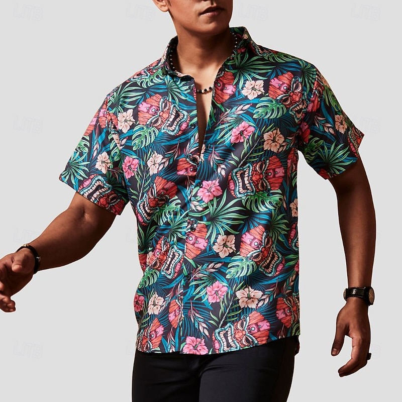 Men's Retro Ethnic Tiki Summer Hawaiian Shirt Aloha Shirt Short Sleeve Hawaiian Resort Vacation Holiday Beach Wear Summer Spring Turndown Button Up Blue3