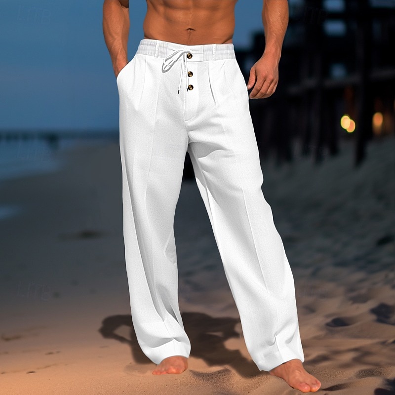 Men's Linen Pants Trousers Summer Pants Gauze Pants Drawstring Elastic Waist Straight Leg Plain Comfort Breathable Full Length Daily Holiday Beach Vacation Fashion White Sky Blue2