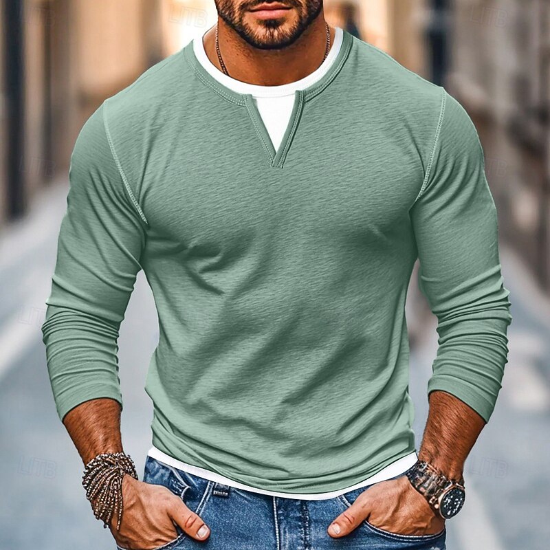 100% Cotton Men's T-Shirt V Neck Tee Long Sleeve Shirt Solid Color V Neck Outdoor Street Long Sleeve Fake two piece Cotton Tee Daily Casual Street Style