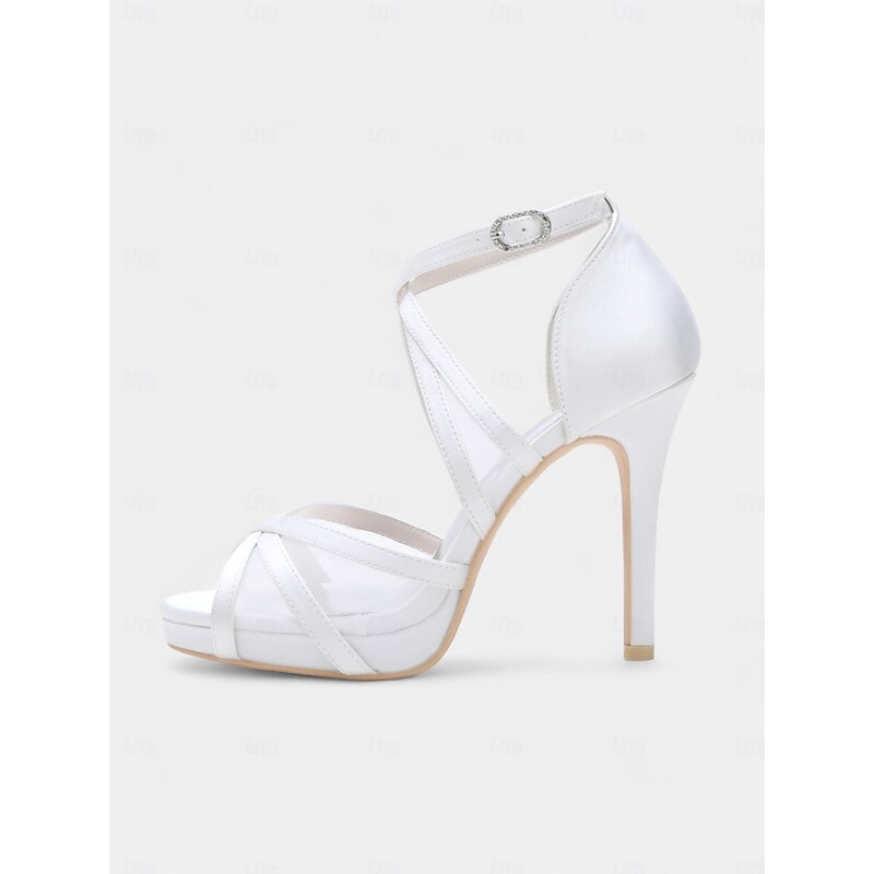 White Satin Bridal High Heel Sandals with Cross Straps - Perfect Wedding Shoes for Brides3