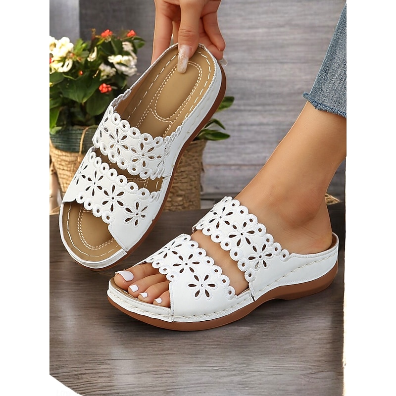 Women's White Slip-On Sandals with Floral Cut-Out Design Comfortable Sole and Casual Style for Summer Wear and Daily Outings2
