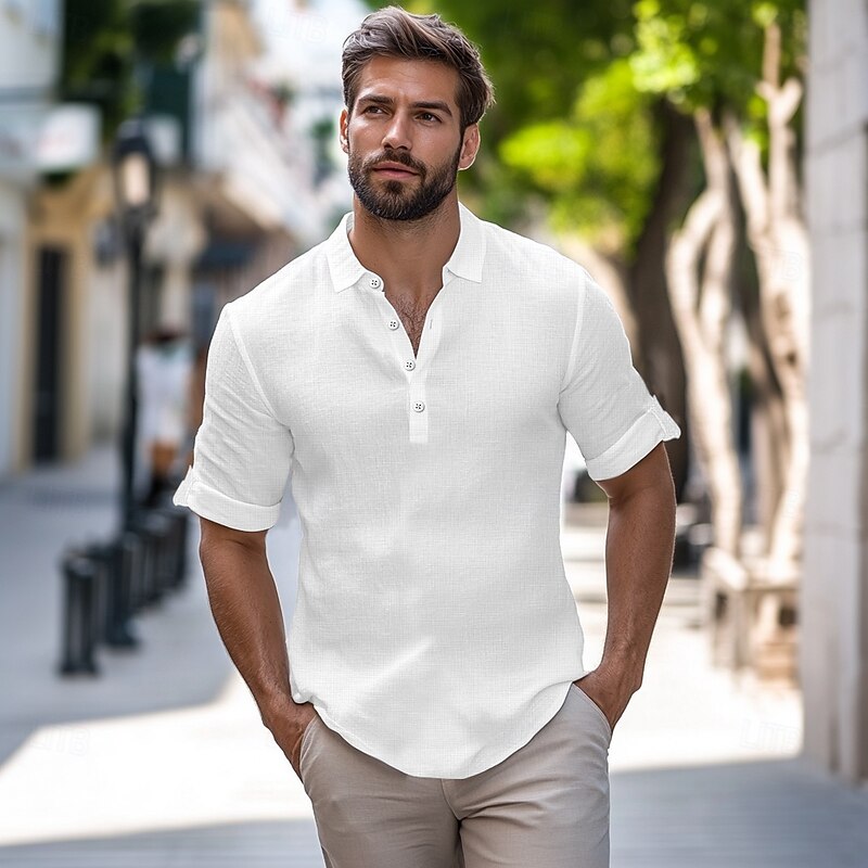 Men's Shirt Linen Shirt Summer Shirt Beach Wear Plain Vacation Casual Black White Blue Green Long Sleeve Collar Spring & Summer Clothing Apparel