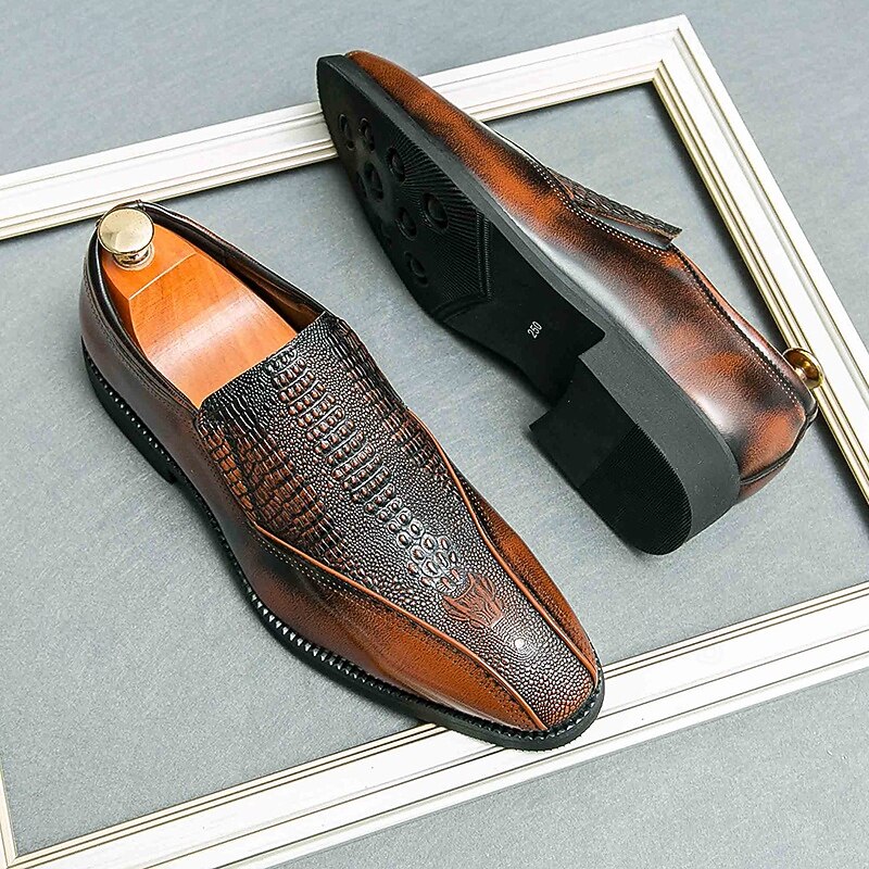 Men's Brown Faux Leather Slip-On Shoes with Crocodile Pattern – Stylish Loafers for Business and Formal Occasions4