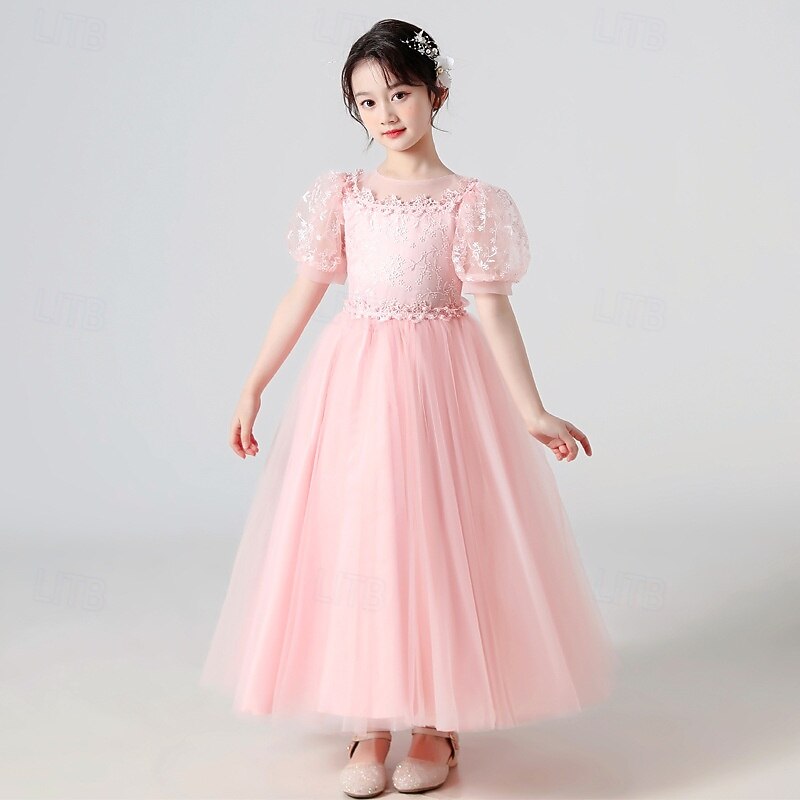 Kids Girls' Party Dress Solid Color Short Sleeve Performance Birthday Beautiful Sweet Polyester Maxi Party Dress Swing Dress A Line Dress Summer 4-12 Years White Pink Blue