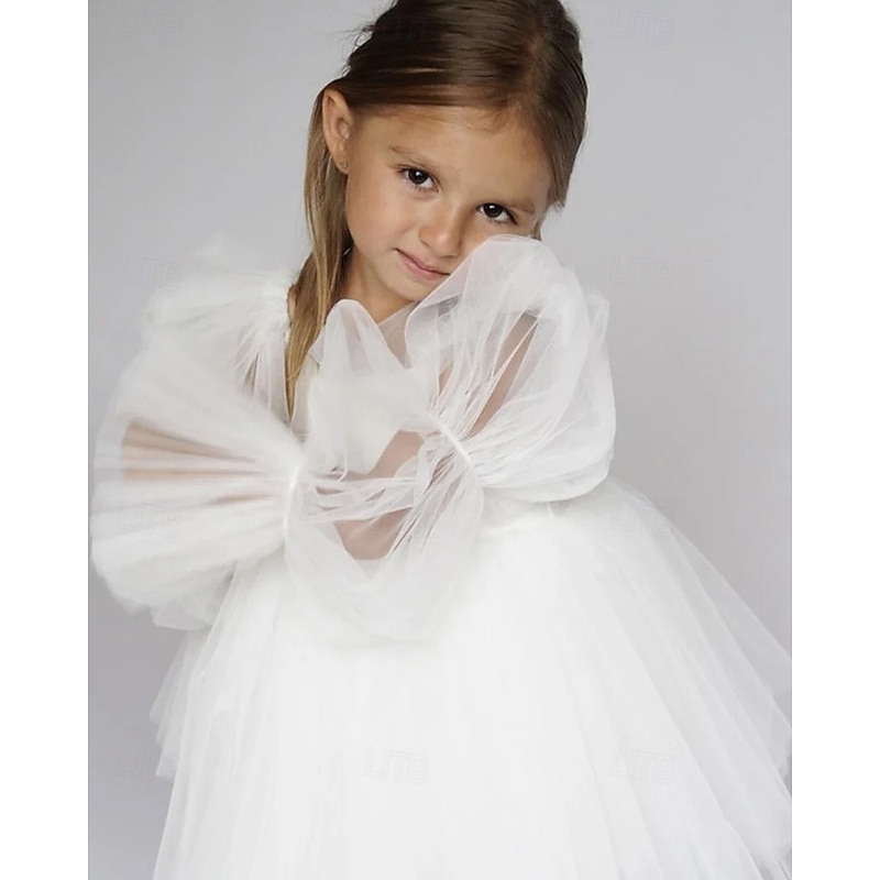 Flower Girl Dress Kid's Girls' Princess Dress Performance Wedding Party Elegant Beautiful Mesh Solid Color Long Sleeve Off Shoulder Black White 4 years+