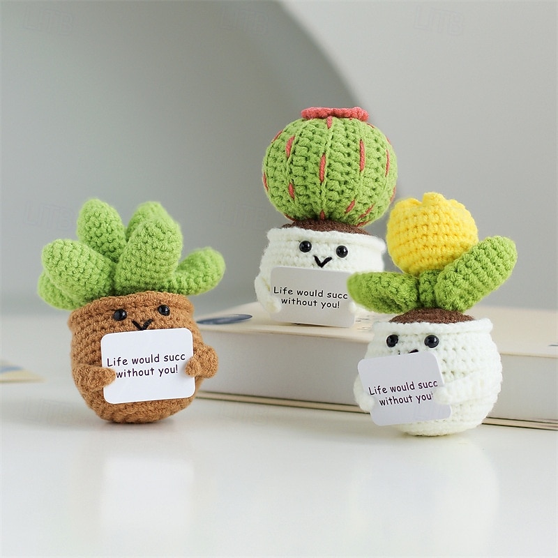 Crochet Positive Cactus Handmade Knitted Cactus Toy Cute Funny Potato Emotional Positive Life Doll Ornaments Gifts with Encouraging Card for Adults Kids Friends Room Office Desktop Decor4