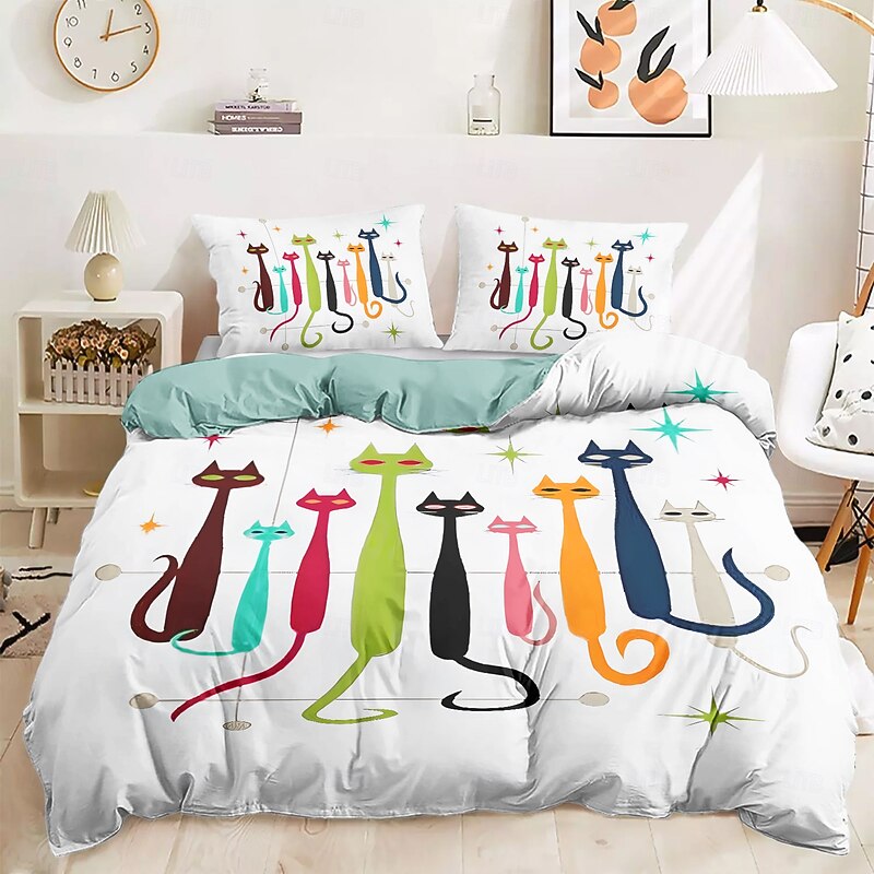 Cat Duvet Cover Set 100% Cotton Soft and Breathable Bedding Featuring Adorable Cat Prints Perfect for Cat Lovers Lightweight and Durable Quilt Cover Comfortable for All Seasons2