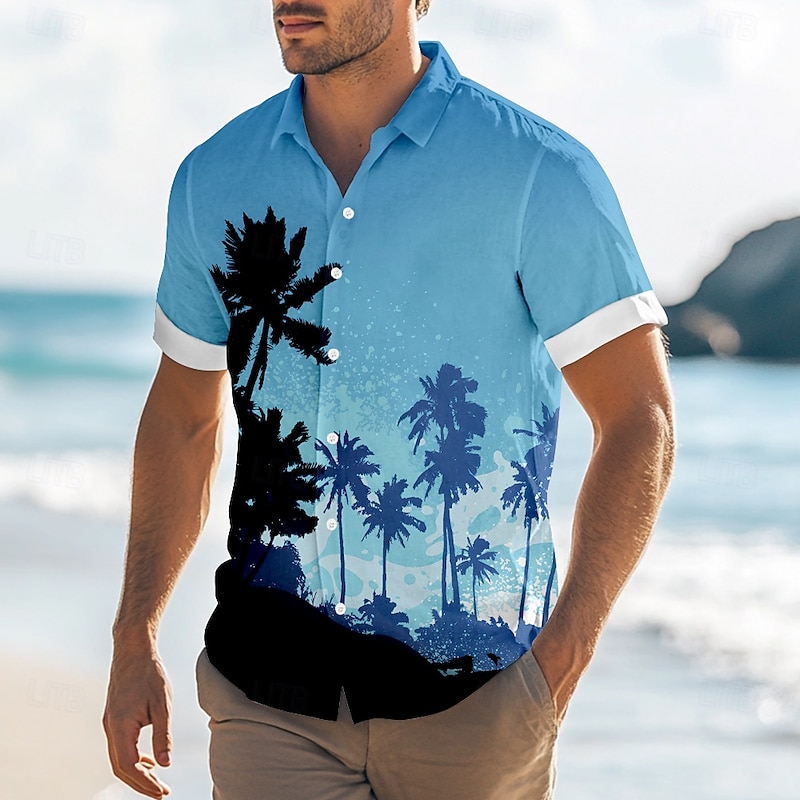 Men's Coconut Tree Tropical Plants Summer Hawaiian Shirt Button Up Shirt Aloha Shirt Short Sleeve Hawaiian Resort Vacation Holiday Beach Wear Summer Spring Turndown Collared Shirts Light Blue Pink