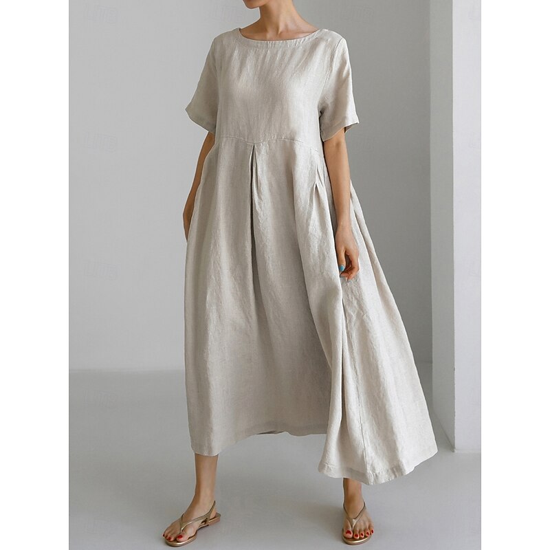 Women's Maxi Dress Cotton Linen Dresses Casual Dress Swing Dress Cotton Maxi Dress Basic Casual Vacation Daily Regular Fit Plain Short Sleeve Crew Neck White Navy Blue Army Green Summer - Main Image