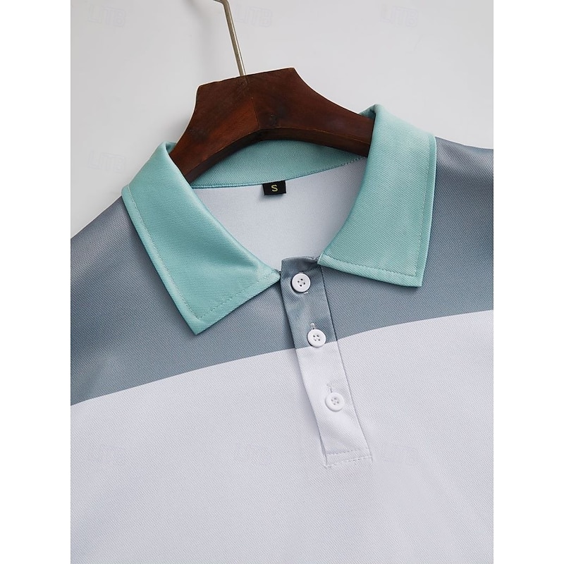 Men's Polo Business Polo Business Casual Lapel Classic Short Sleeve Color Block Stripes Buttons Summer Spring &  Fall Khaki Light Green Polo2
