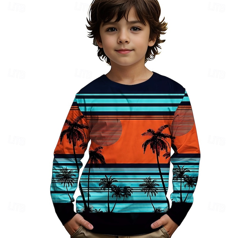 Boys' 3D Graphic Coconut Tree T shirt Tee Long Sleeve Summer Spring Fashion Basic Kids 4-12 Years Crew Neck Outdoor Casual Daily Regular Fit4