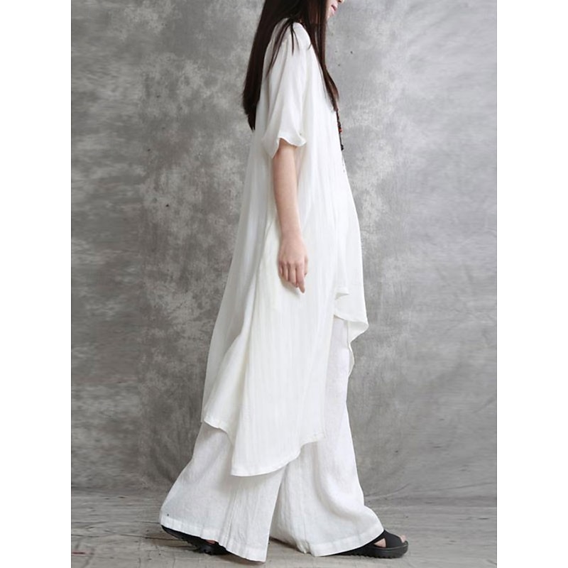 Women's Fashion Streetwear Daily Shirt Linen-Inspired Sets Two Piece Sets Wide Leg Pants 3/4 Length Sleeve Crew Neck Plain Casual Daily Black White Army Green Spring &  Fall Regular Fit2