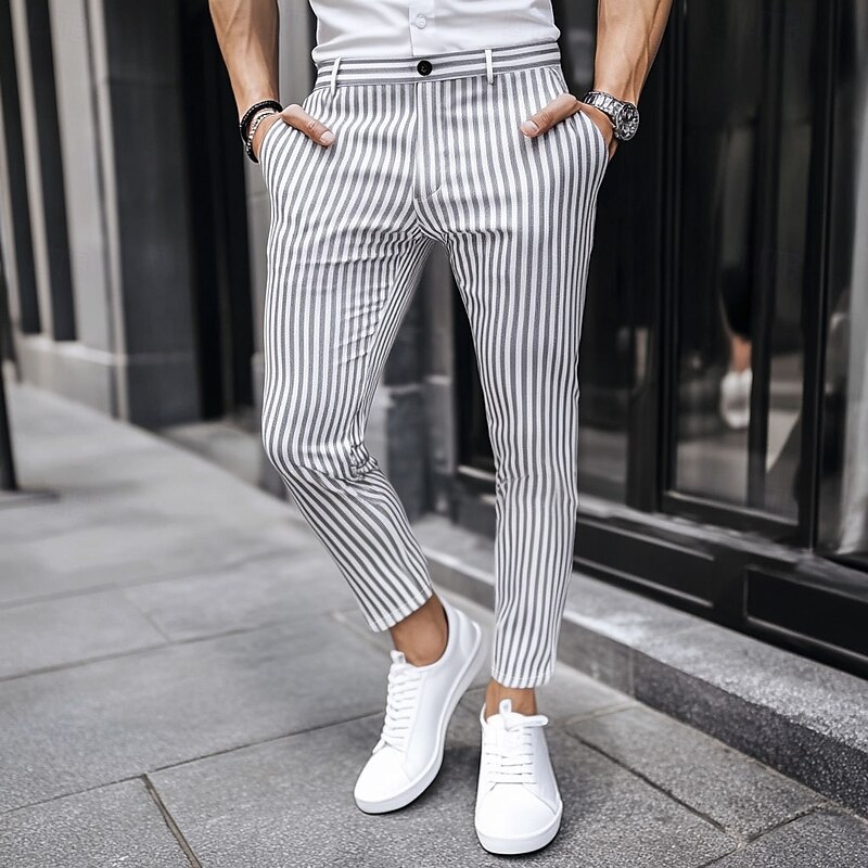 Men's Geometric Striped Dress Pants Trousers Mid Waist Business Casual Outdoor Vacation Streetwear with Pockets Slim Fit Flat-Front Summer Spring Fall 3D Print Yellow Beige Gray2