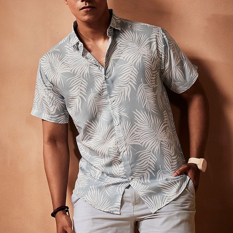 Men's Leaf Tropical Plants Summer Hawaiian Shirt Aloha Shirt Short Sleeve Hawaiian Resort Vacation Holiday Beach Wear Summer Spring Turndown Button Up Gray3