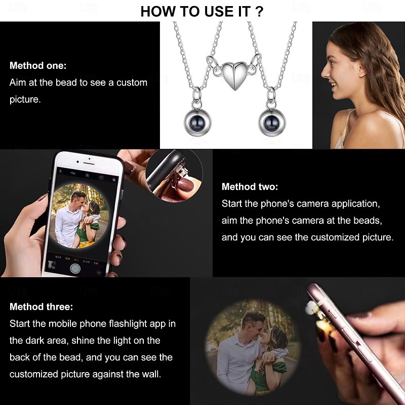 1 Pair Personalized Photo Projection Necklace Set Custom Jewelry Wedding Gift Pendants with Photos, Ideal Romantic Gift for Lovers, Perfect for Wedding2