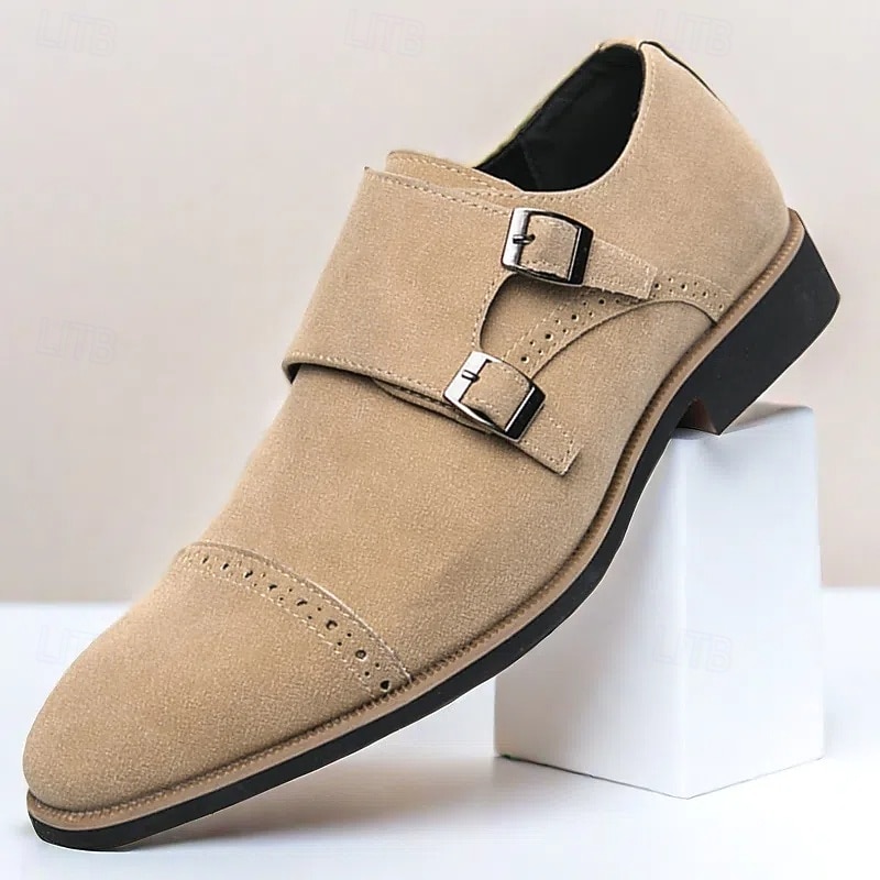 Men's Beige Suede Double Monk Strap Dress Shoes – Elegant Brogue Detailing for Formal and Semi-Formal Occasions