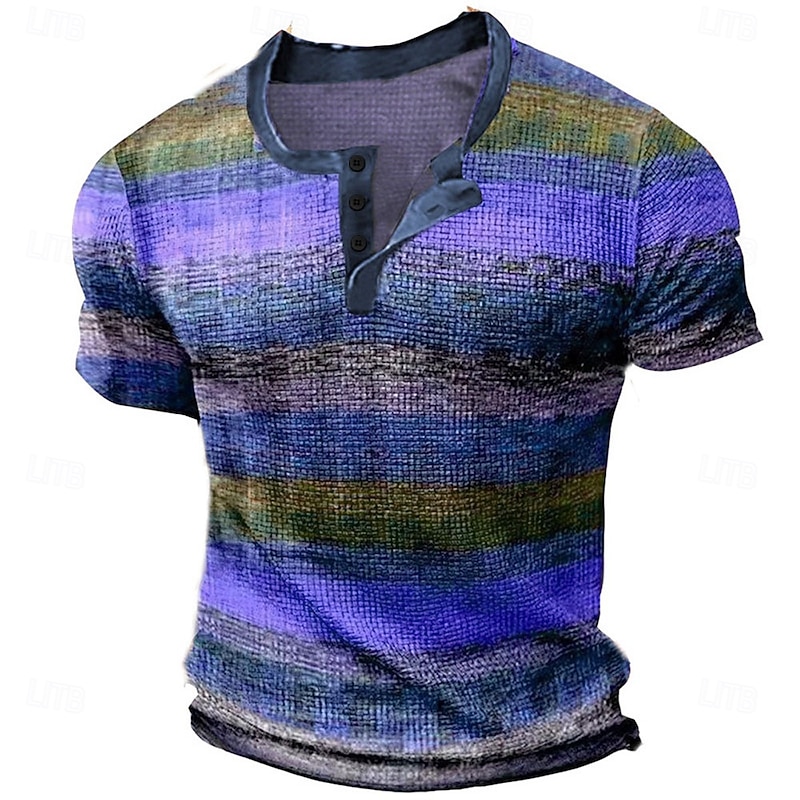 Men's Graphic Color Block Waffle Henley Shirt Tee Short Sleeve 3D Print Vintage Fashion Designer Outdoor Casual Daily Summer Blue Purple Orange Green Henley Henley T-Shirt3