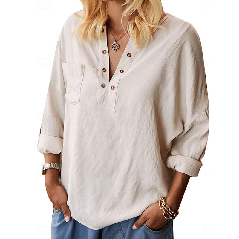 Women's Shirt Blouse Cotton Linen Shirts Solid Color Elegant Stylish Casual Long Sleeve V Neck Regular Tops Daily Holiday Going out Buttons Beige Summer Spring Fall
